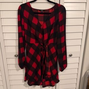 Express Red and Black Plaid Wrap Tunic Dress